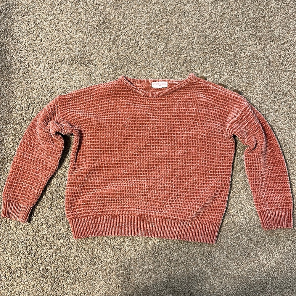Poof Girl sweater. Soft material with buttons of left side of shoulder.